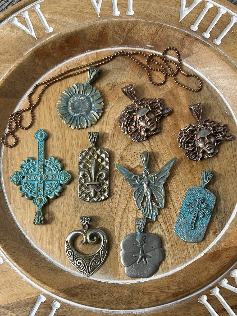 Pendant Collection x9 fleur de Lis, Medusa, fairy, mixed metals (one pewter)